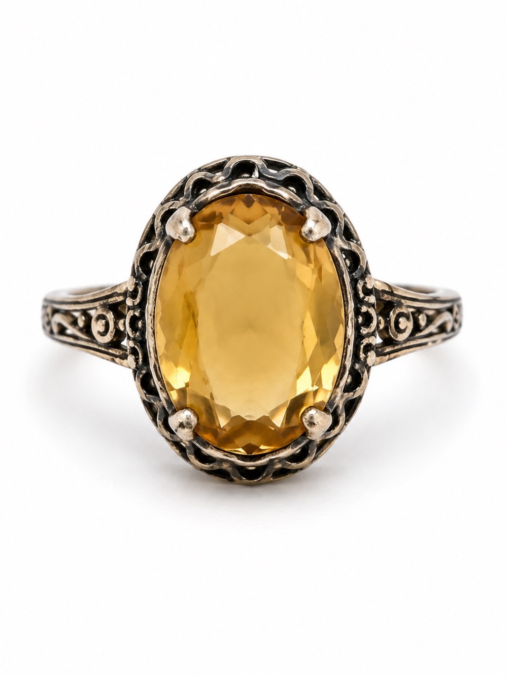 Amber Yellow Glass Stone Vintage-Style Ring - Women Jewelry